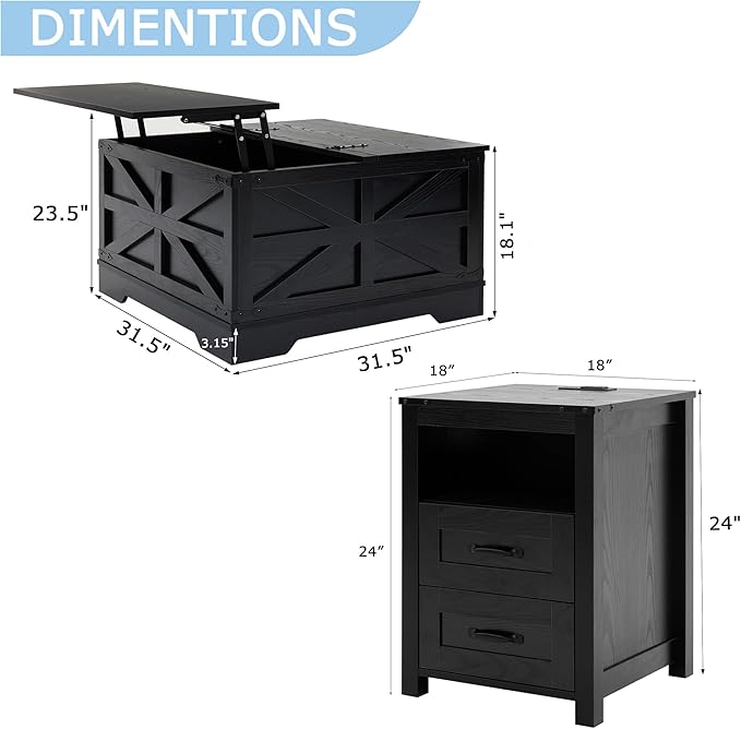 Farmhouse Living Room Table Set of 3, 2 Drawer Dresser End Table with Charging Station and 1 Coffee Table with Large Hidden Storage, Farmhouse Coffee Table Set for Living Room, Office, Black
