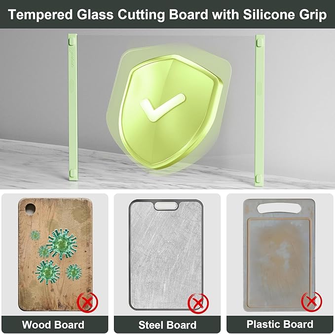 2PCS Glass Cutting Board with Silicone Grip, 80% Stronger Shatter Resistance and Slip Resistance,No Scratches/Microplastic-Free,Dishwasher Safe, Non Toxic Chopping Board for Kitchen (Green)