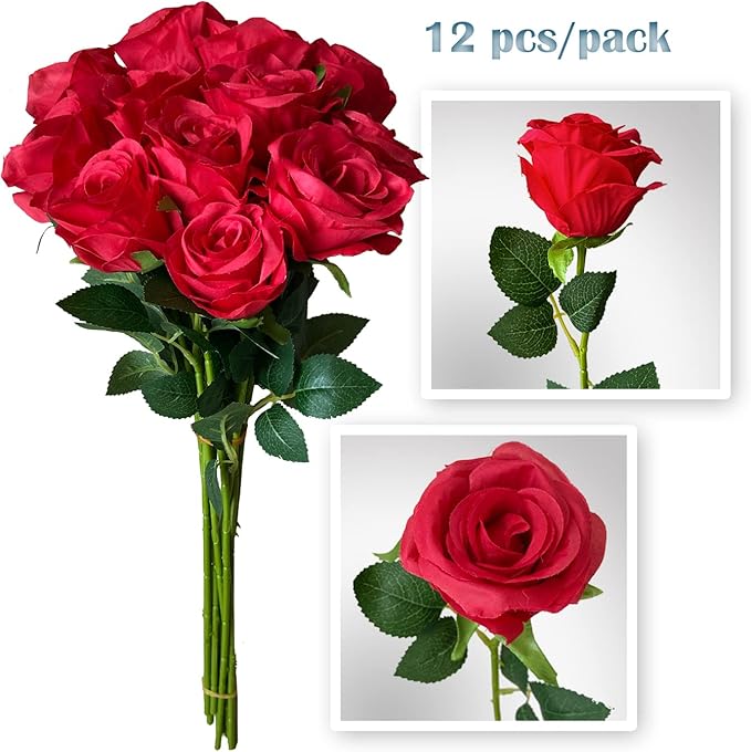 12 PCS Rose Artificial Silk Flowers, Fake Roses with Long Stems Realistic Faux Rose Flower Bouquets for Home Wedding Decoration Party-Red