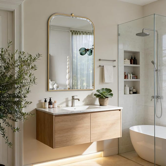 POZINO Rectangle Beveled Mirror, 22"x35" Bathroom Vanity Mirrors for Over Sink, Brushed Gold Mirror with Stainless Steel Frame, Modern Premium Wall Mirrors for Living Room Entryway Hallway