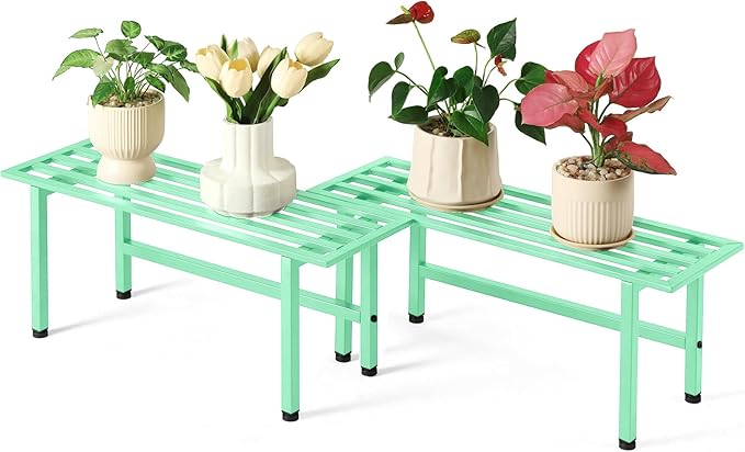 Dipion 2 Pack Metal Plant Stand Outdoor Plant Shelf Indoor,1 Tier Heavy Duty Plant Stands for Multiple Plants,26" L x 10.12" H x 8.75" W,Mint Green