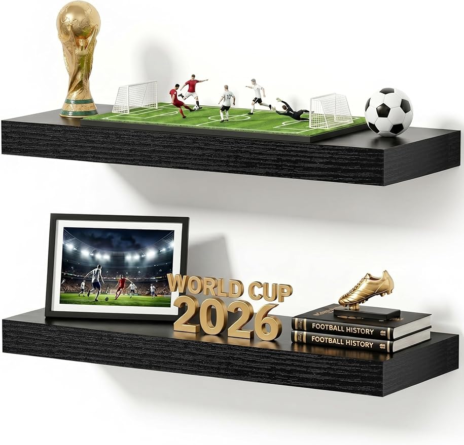 24 Inch Black Floating Shelves for Bathroom Storage, Wall Mounted Wood Shelves for Bedroom, Living Room & Kitchen, Modern Display Shelves Set of 2