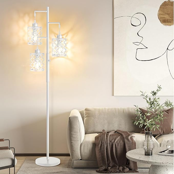 Dimmable Floor Lamp, Farmhouse Standing Lamp with Elegant Metal Cage, Industrial Tall Tree Floor Lamps for Living Room, Bedroom, Study Room, Office, 3 x 800LM LED Bulbs Included, 72", White