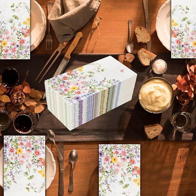100Pcs Disposable Floral Paper Napkins Decorative Bathroom Napkins Guest Disposable Wild Flower Hand Towels Dinner Party Napkins for Wedding Birthday Party Baby Shower
