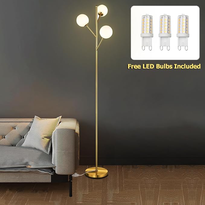 Ldeco Globe Mid Century Tree Floor Lamp with 3 Light Bulbs,70in Tall Standing Glod Floor Lamp with Frosted Glass Shade for Living Room,Office,Bedroom, Study Room, Hotel, Antique Brass Lighting