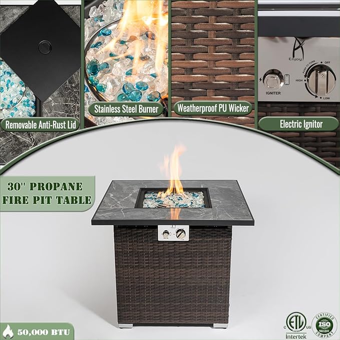 30" Propane Gas Fire Pit Table, 50000 BTU Square Fire Pit with Lid & Glass, Tile Tabletop with Beautiful Wicker Base for Outside Patio Deck Garden Courtyard