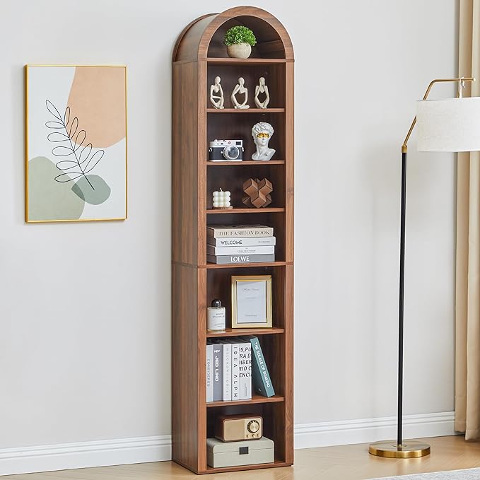 Tall Narrow Arched Bookshelf, 8-Tier Skinny Arch Bookcase for Small Space, Freestanding Storage Organizer with Adjustable Shelves, Open Display Shelves for Living Room, Entryway (Walnut)