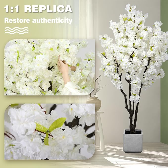 6ft Tall Cherry Blossom Artificial Tree, Handmade White Cherry Tree, Fake Flower Faux Silk Leaves Plant, Artificial Plants for Home Office Indoor Outdoor Party Wedding Christmas Decor