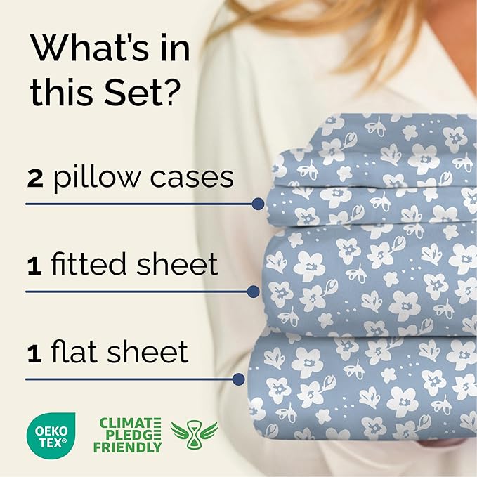 Floral Sheets - Blue Floral Bed Sheet Set - 1 Flat, 1 Fitted & 2 Pillowcases w/ Deep Pockets - Comfy, Wrinkle & Fade Free - Boho Botanical Bedding - Ultra-Soft, Breathable & Cooling - Full Size Set