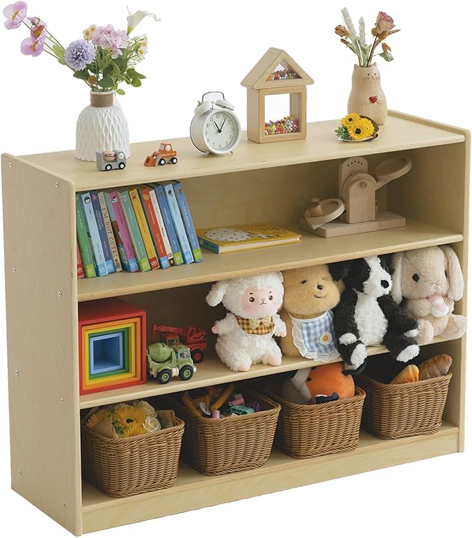 Wooden Kids Bookshelf and Toy Storage Organizer, 3-Tier Montessori Shelf, 30in Storage Cabinet for Kids, Birch Bookcase Book Shelf for Kids Room, Nursery, Classroom, Playroom - Natural