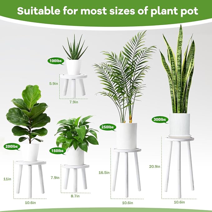 5-Pack Wood Plant Stands Indoor, Single Plant Stand for 6-22 Inch Pots, Mid-Century Modern Plant Stool, Tall Plant Stand for Large Plants Perfect Fit for Living Room, Balcony, Office(Retro White)