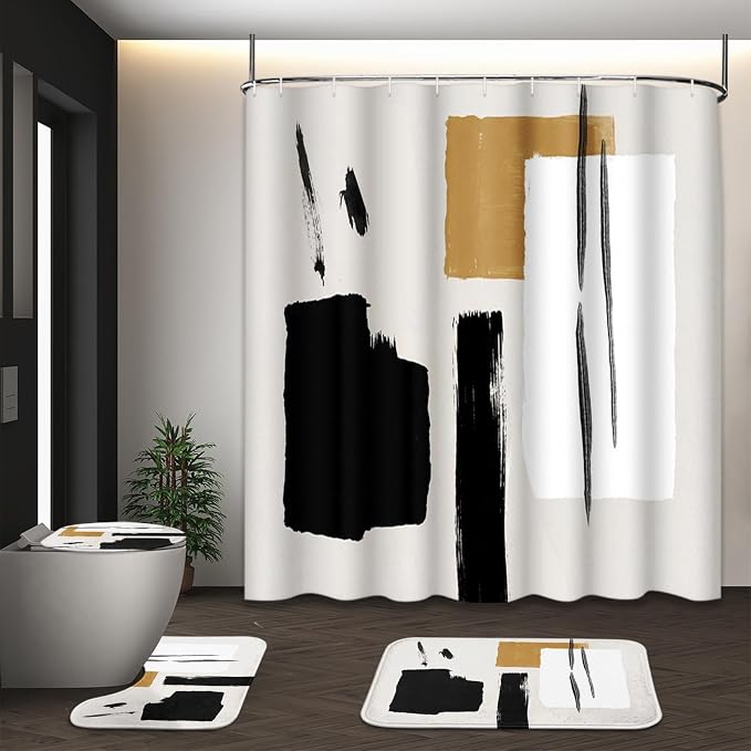 Boho Mid Century Shower Curtain Set with Toilet Lid Cover and Non-Slip Rugs, Abstract Line Art 4 Pcs Shower Curtain, Modern Minimalist Geometric Bathroom Set Decor with 12 Hooks