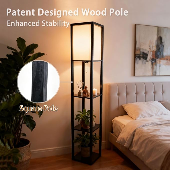 Floor Lamp with Shelves, Modern Square Shelf Lamp for Living Room, Corner Standing Lamp with Shelves for Bedroom, Office, Display Shelves with Light, Home Decor