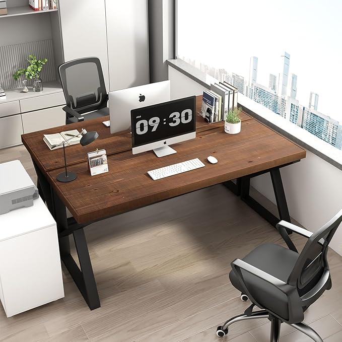 IBF Solid Real Wood 55 Inch Computer Desk, Rustic Writing Study Table for Student, Natural Wooden and Metal Gaming Home Office Desk, Farmhouse Industrial Modern Executive Work Desk Workstation, Brown