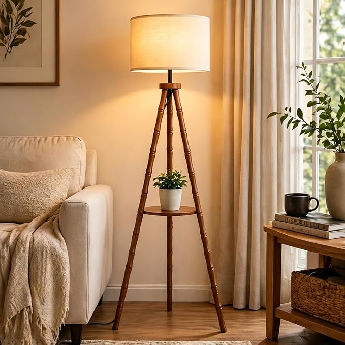 LAMSU Solid Wood Tripod Floor Lamp with Shelf, Mid Century Bobbin Standing Lamp with Fabric Shade and Foot Switch, Retro Farmhouse Tall Corner Lamps for Living Room Bedroom Office Reading, Brown
