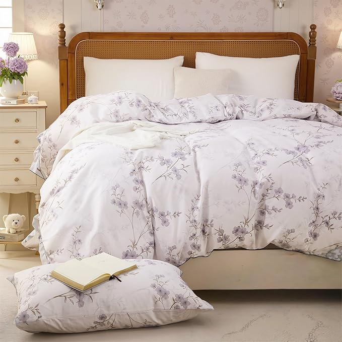 Floral Duvet Cover King Size - 100% Nature Cotton Reversible Grayish Flower Bedding Set with Zipper Closure, 3 Pieces Soft & Breathable Beige Comforter Cover