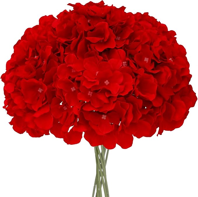 Fake Red Hydrangea Artificial Flowers - Faux Silk Hydrangeas Flowers Heads with Stems Real Touch for Home Wedding Party Table Decor(Red,Pack of 10)