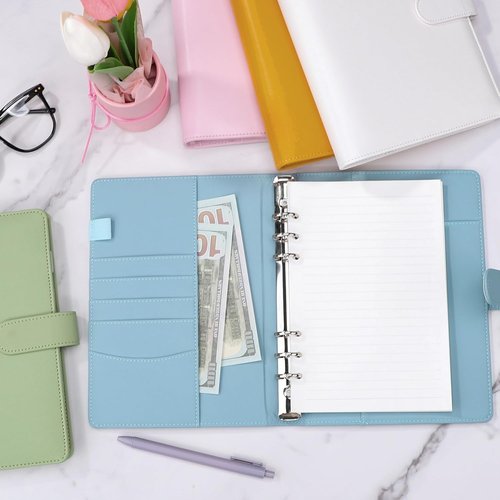 Antner A5 Notebook Binder - Refillable PU Leather Budget Planner Cover | Cash Organizer & Kpop Photocard Holder in Airy Blue