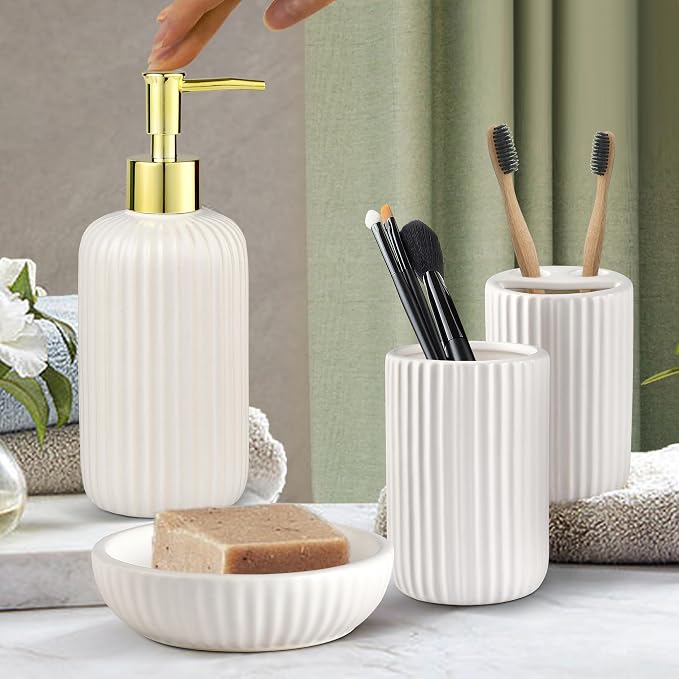 White Bathroom Accessories Set, 4PC Ceramic Bathroom Sets Complete-Toothbrush Holders, Soap Dispenser, Soap Dish, Toothbrush Cup, Modern White Gold Bathroom Decor, Bathroom Organizer for Countertop