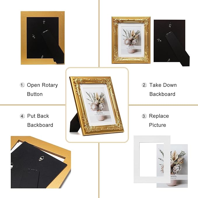7x9 Gold Picture Frame with Baroque Flower Trim, Solid Wood with Real Glass, Display 7x9 Photos Matted to 5x7, Vertical and Horizontal Desk Tabletop or Wall Hanging,Ornate Vintage Style