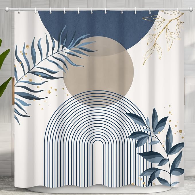 Boho Mid Century Shower Curtain, Navy Blue Modern Minimalist Abstract Geometric Gold Plant Leaves Sun Arch Bathroom Curtains Waterproof Fabric Buthtub Curtain Set with Hooks 72" Wx72 L