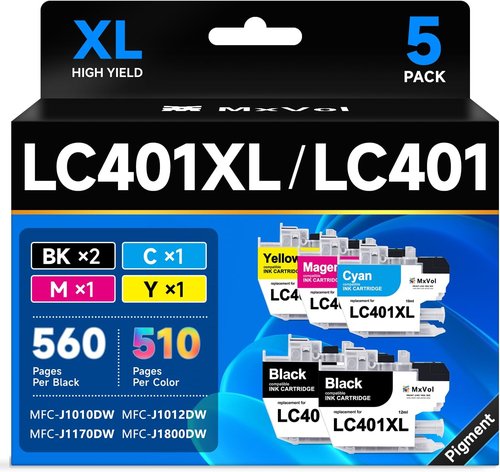 Brother LC401XL Ink Cartridges - High Yield Compatible for MFC-J1010DW & More | 5-Pack