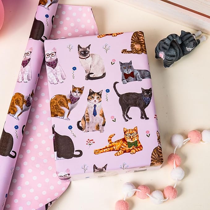 Burymento Pink Lovely Cat Wrapping Paper, Reversible Wave Point Gift Wrap for Birthday, Valentines, Mothers day, Graduation, Wedding, Fathers day, Baby Shower, Christmas (17in x 16.4ft)