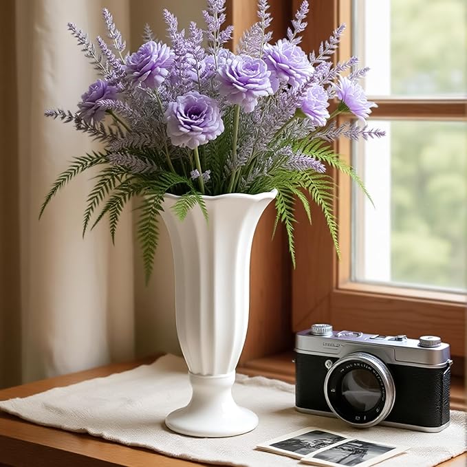 Modern Fluted Ceramic Vase, 10 Inch White Flower Vase with Pedestal Base, Decorative Table Top Vases for Centerpieces, Home Decor, Living Room, Bedroom, Wedding and Events, Housewarming Gift