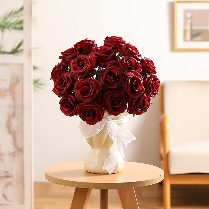 Kisflower 80 Pcs Burgundy Roses Artificial Flowers Bulk, Maroon Flowers Artificial Silk Roses with Stems for Decoration DIY Wedding Bouquet Bridal Shower Party Home Table Centerpieces Decor (Burgundy)