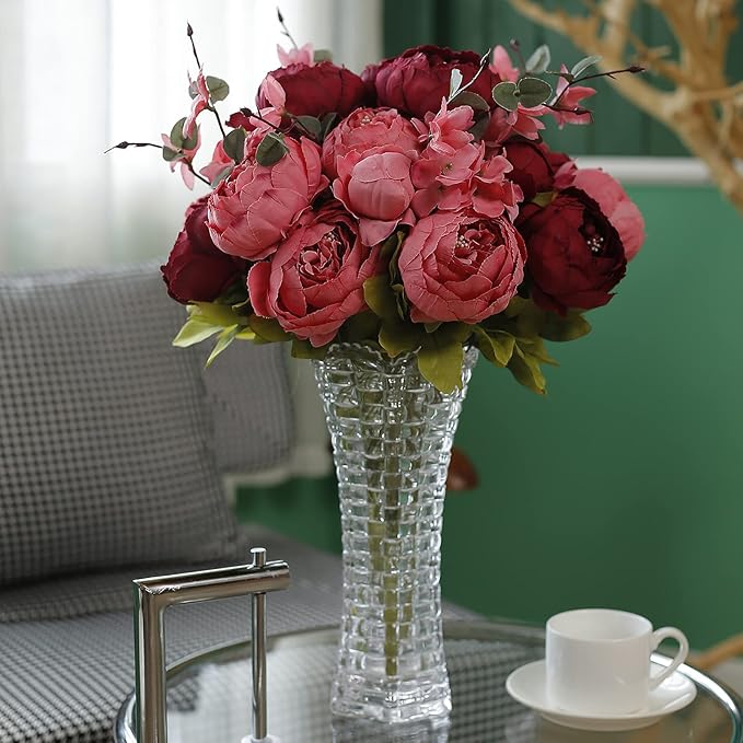 Fule 2 Pack Large Artificial Peony Silk Flower Bouquets Arrangement Wedding Centerpieces (New Dark Red)