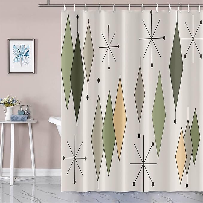 Boho Mid Century Shower Curtain Vintage Abstract Green Diamond Geometric Atomic Starburst Pattern for 1950s Retro Bathroom Decor Accessories Shower Curtain Set with 12 Hooks, 48x72 Inches