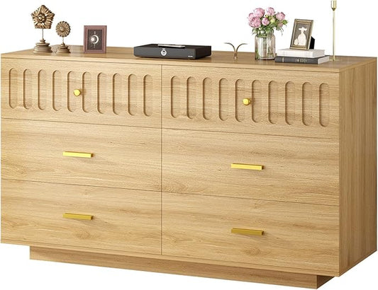 IBF Modern Fluted 6 Drawer Dresser for Bedroom, Fluted 55 Inch Chest of Drawers for Kid Adult Closet, Large Wood Clothes Storage Dresser with Anti-Tipping Device for Living Room Hallway, Oak