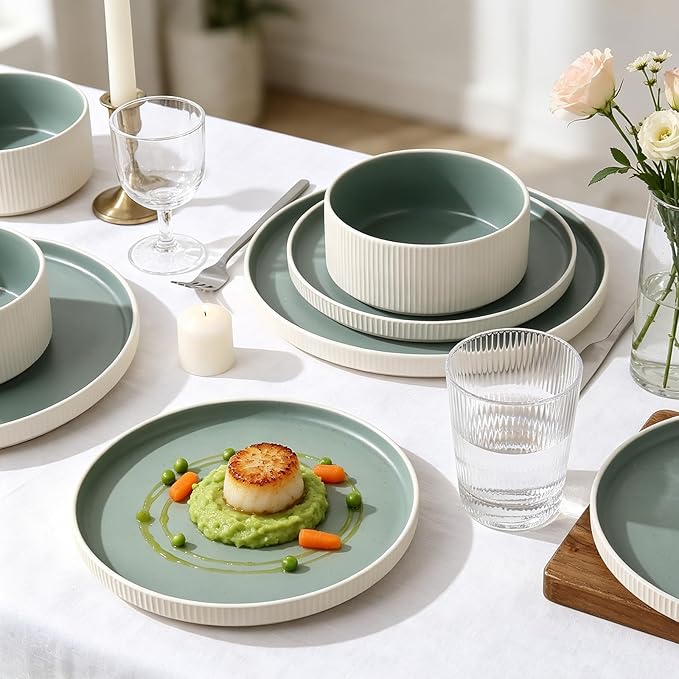 MONITO Ceramic Dinnerware Sets for 4, 12PCS Stoneware Plates and Bowls Sets, Reactive Glaze Dish Set, Chip and Scratch Resistant Double, Microwave and Dishwasher Safe, White Cyan