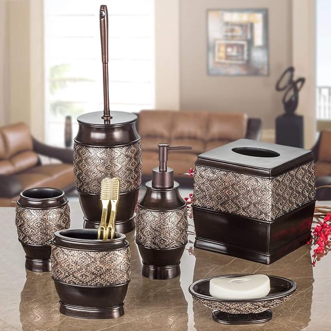Creative Scents Dublin Brown Small Bathroom Trash Can with Lid - 1.3 Gal / 4.8L Decorative Oval Waste Basket - Durable Resin Garbage Can for Bathroom, Bedroom, Office Decor - Mini Wastebasket Bin