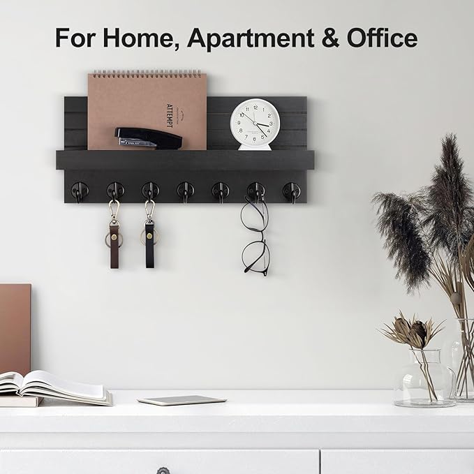 Lwenki Key Holder Wall Mount, Entryway Key and Mail Holder with 7 Sturdy Hooks for Sunglasses, Dog Leash, Decorative Wall Shelf with Mounting Hardware, 15”W x 6.7”H x 4.2”D
