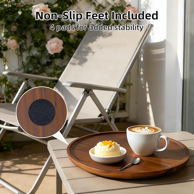 Round Acacia Wood Tray, Non-Slip Wooden Candle Tray for Coffee Table, Bathroom Vanity & Countertop, Decorative Wooden Tray for Home Décor Organizer- 11.8 Inch Diameter