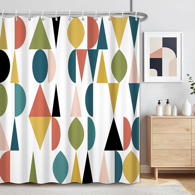 Colorful Rainbow Mid Century Shower Curtain for Bathroom, Waterproof Machine Washable Polyester Fabric Shower Curtain with 12 Hooks, Modern Boho Abstract Geometric Art Decor Bath Curtains, 72x72 Inch