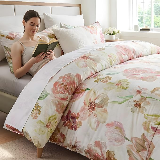 100% Cotton Duvet Cover Set King Size – Pink Watercolor Floral Bedding with Zipper Closure, 3-Piece Silky Soft Botanical Comforter Cover with 2 Pillowcases