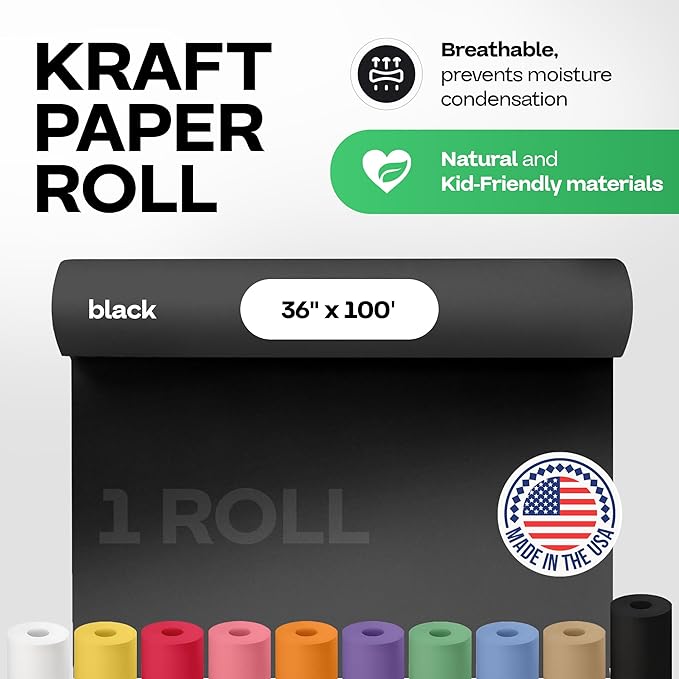 Black Paper Roll 36" x 1200" (100 feet) - USA-Made 50lb Thick Kraft Paper for Packing, Moving, Shipping, Wrapping, Crafts, Arts, Birthday Party - 100% Recycled Gift Wrap Material by IDL Packaging