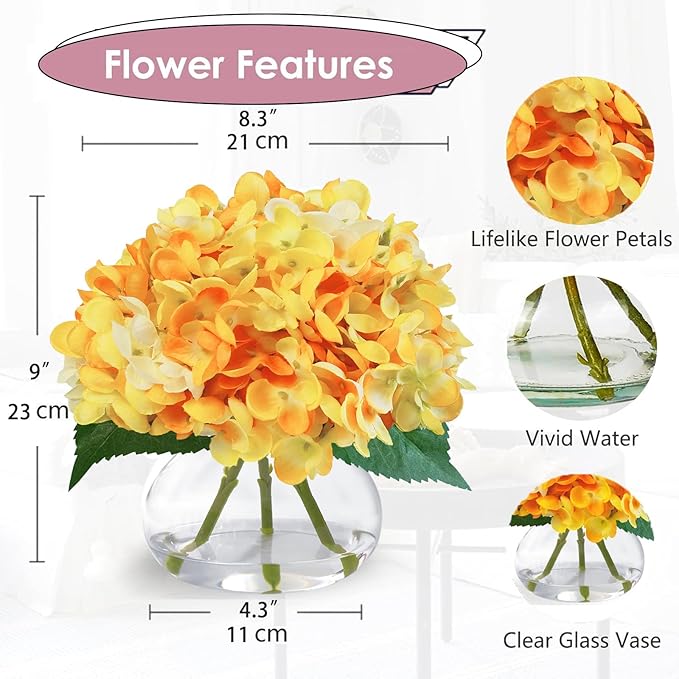Hydrangea Artificial Flowers in Glass Vase, Orange Silk Fake Flowers Silk Centerpiece Table Decorations for Dining Room， Coffee Table Decor，Wedding, Home with Faux Water Decor（Orange）