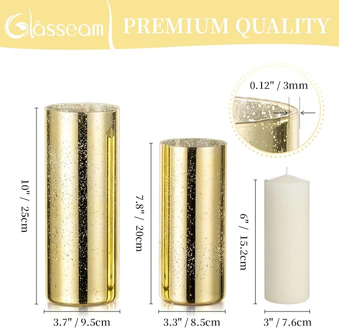 Glasseam Gold Cylinder Vases for Centerpieces: 6 Modern Mercury Hurricane Glass Vase Set for Flowers - Decorative Golden Pillar Candle Holders for Wedding Party Dining Room Table Decor