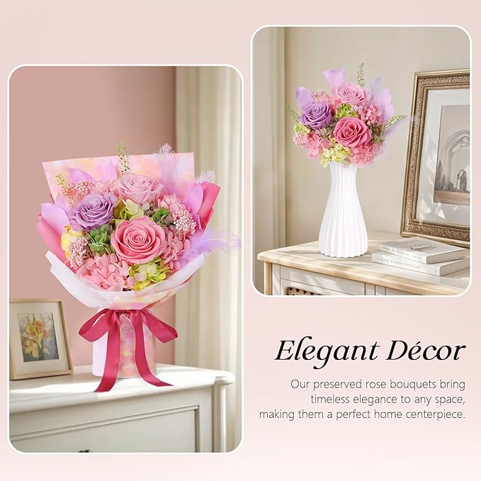 Preserved Flowers Bouquet 3 Roses - Pink Real Rose & Flowers for Delivery, Long-Lasting Flower with Gift Box, Eternal Roses Bouquet for Mothers, Mom, Wife Anniversary Birthday Gifts for Women and Her
