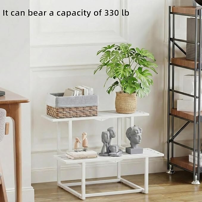Plant Stand Indoor Outdoor, Foldable Metal Plant Shelf for Multiple Pots, Mid Century Slatted Bench for Patio Garden, Heavy Duty Capacity 330 lbs 2 Tier White