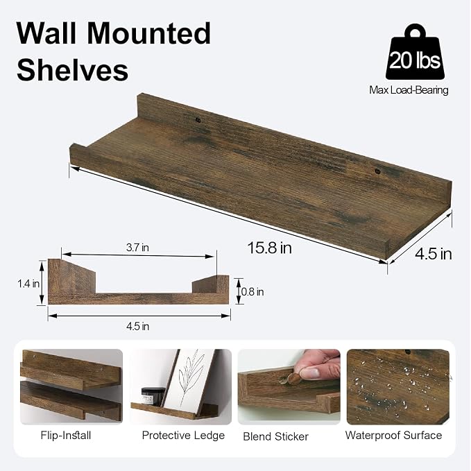 Floating Shelves for Wall Decor, Wall Mounted Wood Storage Shelf for Bedroom, Living Room, Bathroom, Kitchen, Nursery, Rustic Display Picture Ledge Shelf with Lip Set of 2-16 Inches, Brown