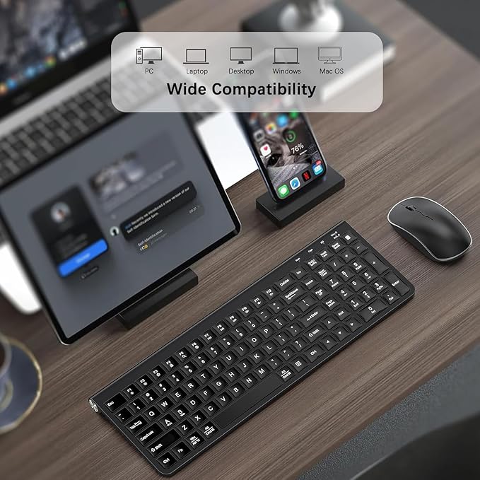 JOYACCESS Wireless Keyboard Mouse Combo, Ergonomic Wireless Keyboard with Adjustable Stand, Type-C Connector,and Waterproof Film Compatible with Win 7/8/10, MacBook Pro/Air, Laptop - Black