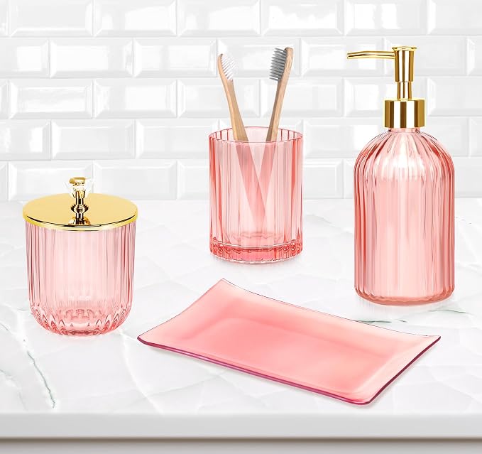 Haturi Bathroom Accessories Set, 4 Pcs Pink Glass Bathroom Accessories Sets Complete w/Lotion Soap Dispenser, Toothbrush Holder, Apothecary Jar, Vanity Tray, Bathroom Decor, Gift for Home Apartment