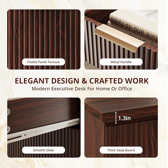 FURSUN 58" Fluted Modern Desk with Storage, Home Office Desk with 1 File Cabinet & 5 Drawers, Wood Executive Computer Writing Desk for Study, Living Room, Bedroom(Dark Walnut)