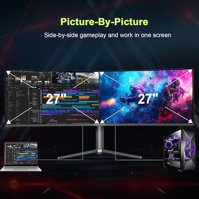 Amzfast 49 Inch Curved Monitor 120Hz DQHD 5120x1440p Ultrawide Gaming Monitor, 120% sRGB, 1500R, 1ms MPRT, HDR, Adaptive Sync, PIP/PBP, Height Adjustable, HDMI 2.0/DP 1.4, VESA 75x75, AMZG49C7U