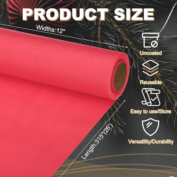 PATIKIL Wrapping Paper, 12"x315"(26') Bulletin Board Paper Roll Kraft Paper Roll Construction 80GSM for Shipping Packing Gift Wrapping Craft Flower Bouquet Christmas, Red