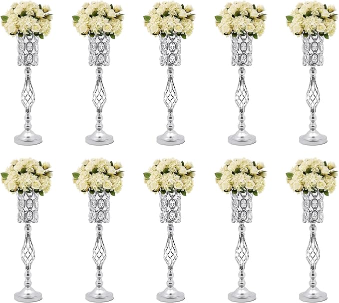Wedding Centerpieces for Tables, 10 Pcs Vases for Centerpieces with Crystal Beads, 24in Tall Wedding Vase for Tables, Metal Flower Vase Stand with Crystal Beads(Silver)